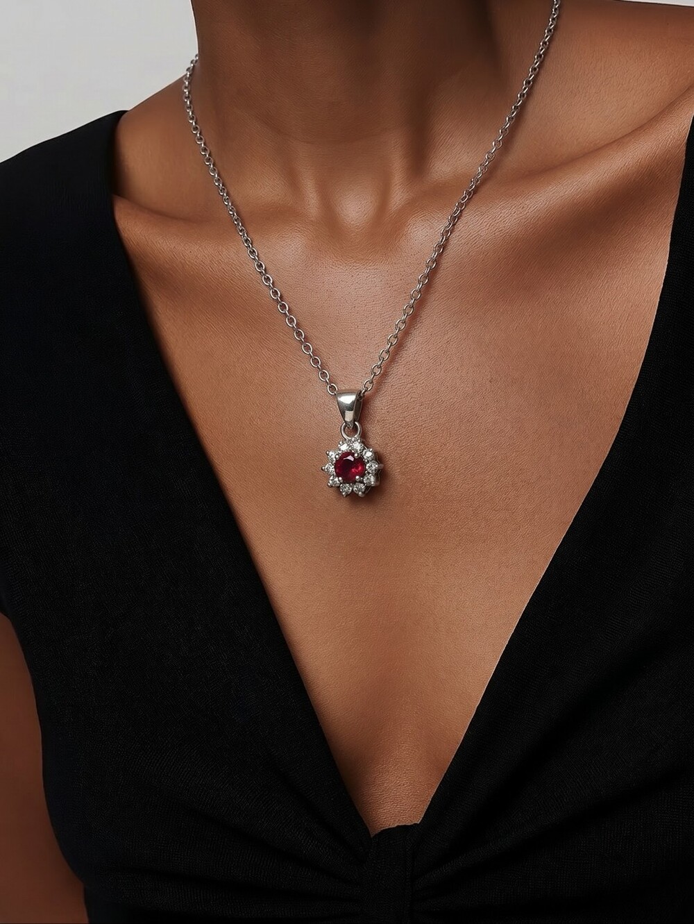 Sterling Silver Necklace With Ruby & Cystal Pendant